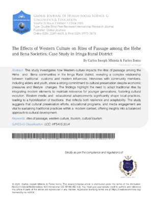 The Effects of Western Culture on Rites of Passage among the Hehe and Bena Societies: Case Study in Iringa Rural District
