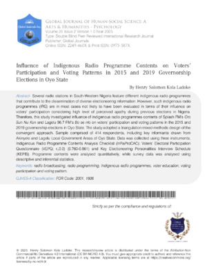 Influence of Indigenous Radio Programme Contents on Voters' Participation and Voting Patterns in 2015 and 2019 Governorship Elections in Oyo State