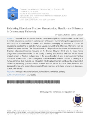 Rethinking Educational Practice: Humanization, Plurality Anddifference in Contemporary Philosophy