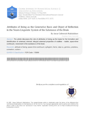 Attributes of Being as the Generative Basis and Object of Reflection in the Neuro-Linguistic System of the Substance of the Brain