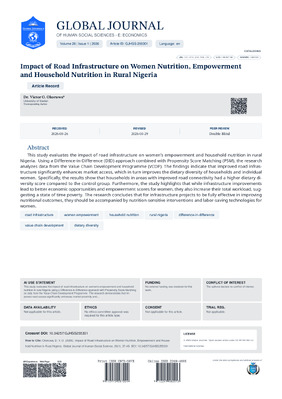 Impact of Road Infrastructure on Women Nutrition, Empowerment and Household Nutrition in Rural Nigeria