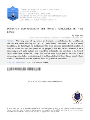 Democratic Decentralization and Peopleas Participation in West Bengal