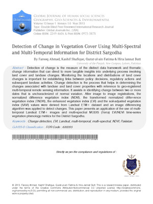 Detectionof Changein Vegetation Cover Using Multi-Spectraland Multi-Temporal Informationfor District Sargodha Strictly as per the compliance and regulations of
