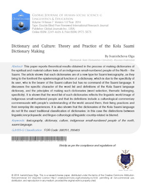 Dictionary and Culture: Theory and Practice of the Kola Saami Dictionary Making