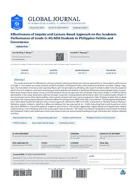 Effectiveness of Inquiry and Lecture-Based Approach on the Academic Performance of Grade 11 HUMSS Students in Philippine Politics and Governance
