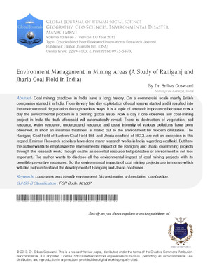 Environment Management in Mining Areas (A Study of Raniganj and Jharia Coal Field in India)