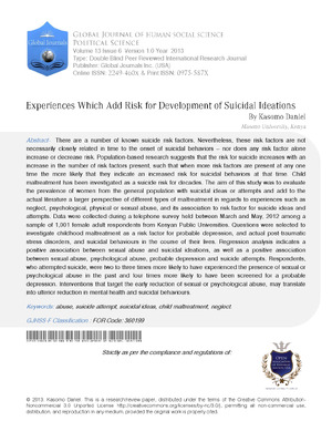 Experiences which Add Risk for Development of Suicidal Ideations