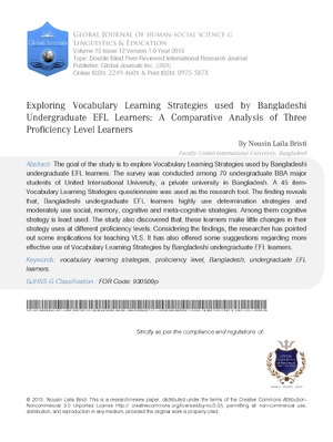 Exploring Vocabulary Learning Strategiesused by Bangladeshi Undergraduate EFL Learners: A Comparative Analysis of Three Proficiency Level Learners
