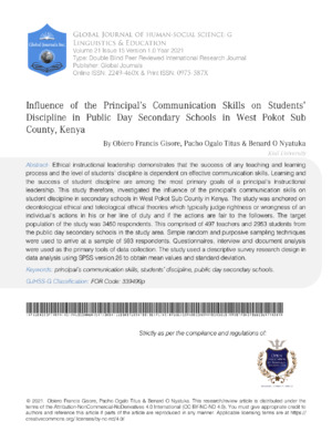 Influence of the Principal's Communication Skills on Students' Discipline in Public Day Secondary Schools in West Pokot Sub County, Kenya