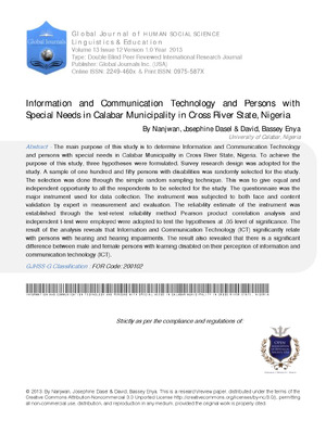 Information and Communication Technology and Persons with Special Needs in Calabar Municipality in Cross River State, Nigeria
