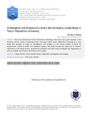 Investigation and Analysis on Library Service Quality a Case Study in Tianjin Polytechnic University