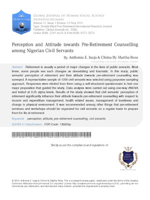 Perception and Attitude towards Pre-Retirement Counselling among Nigerian Civil Servants