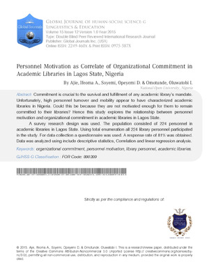 Personnel Motivation as Correlate of Organizational Commitment in Academic Libraries in Lagos State, Nigeria
