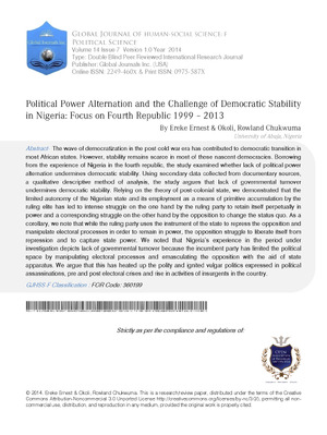 Political Power Alternation and the Challenge of Democratic Stability in Nigeria: Focus on Fourth Republic, 1999 - 2013