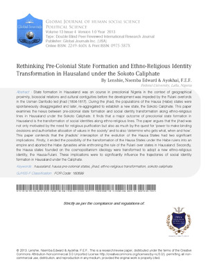 Rethinking Pre-Colonial State Formation and Ethno-Religious Identity Transformation in Hausaland under the Sokoto Caliphate
