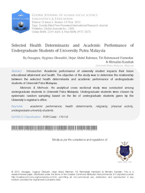 Selected Health Determinants and Academic Performance of Undergraduate Students of University Putra Malaysia