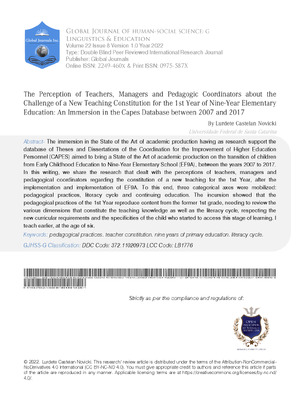 The Perception of Teachers, Managers and Pedagogic Coordinators about the Challenge of a New Teaching Constitution for the 1st Year of Nine-Year Elementary Education: An Immersion in the Capes Database between 2007 and 2017