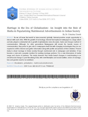 Marriage in the Era of Globalization:- An Insight into the Role of Media in Popularizing Matrimonial Advertisements in Indian Society