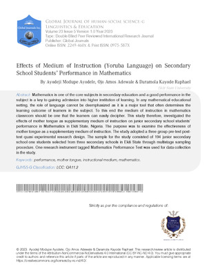 Effects of Medium of Instruction (Yoruba Language) On Secondary School Students’ Performance in Mathematics