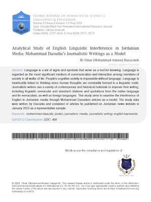 Analytical Study of English Linguistic Interference in Jordanian Media: Mohammad Daoudia’s Journalistic Writings as a Model