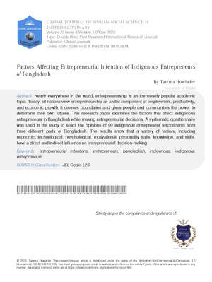 Factors Affecting Entrepreneurial Intention of Indigenous Entrepreneurs of Bangladesh