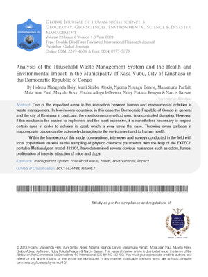 Analysis of the Household Waste Management System and the Health and Environmental Impact in the Municipality of Kasa Vubu, City of Kinshasa in the Democratic Republic of Congo