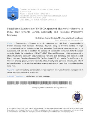 Sustainable Ecotourism of UNESCO Approved Biodiversity Reserve in India: Way towards Carbon Neutrality and Resource Productive Economy
