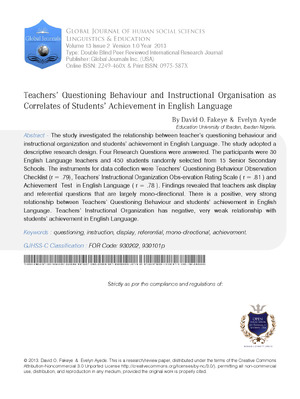 Teachers' Questioning Behaviour and Instructional Organisation as Correlates of Students' Achievement in English Language