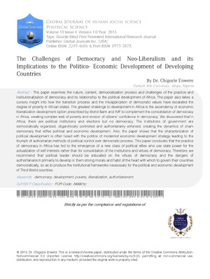 The Challenges of Democracy and Neo-Liberalism and its Implications to the Politico - Economic Development of Developing Countries