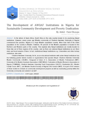 The Development of Awqaf Institutions in Nigeria for Sustainable Community Development and Poverty Eradication: The Case Study of Obafemi Awolowo Univeristy