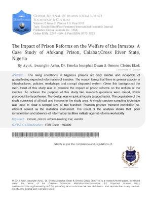 THE Impact OF Prison Reforms on THE Welfare OF THE Inmates: A Case Study OF Afokang Prison Calabar, Cross River State, Nigeria