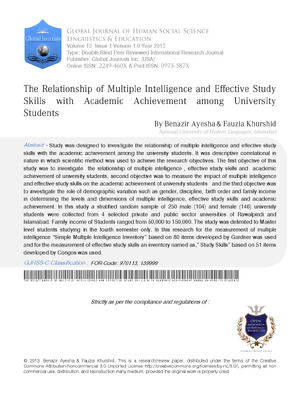 The Relationship of Multiple Intelligence and Effective Study Skills with Academic Achievement among University Students