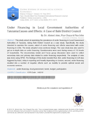 Under Financing in Local Government Authorities of Tanzania:Causes and Effects: A Case of Bahi District Council