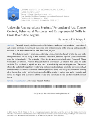 University Undergraduate Students' Perception of Arts Course Content, Behavioural Outcomes and Entrepreneurial Skills in Cross River State, Nigeria